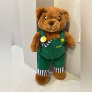 EDEN VINTAGE 1996 CORDUROY TEDDY BEAR GREEN OVERALLS STUFFED PLUSH 12” BUTTON
